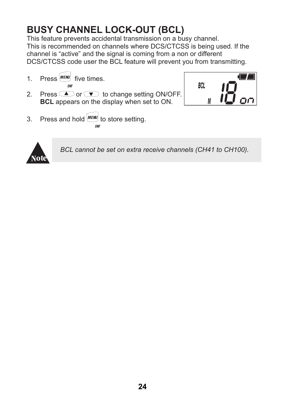 Busy channel lock-out (bcl) | Uniden uh078sx User Manual | Page 24 / 32