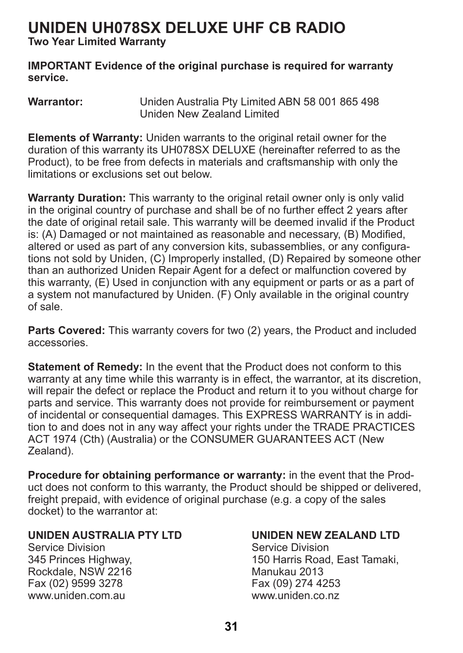 Uniden uh078sx deluxe uhf cb radio | Uniden uh078sx User Manual | Page 31 / 32