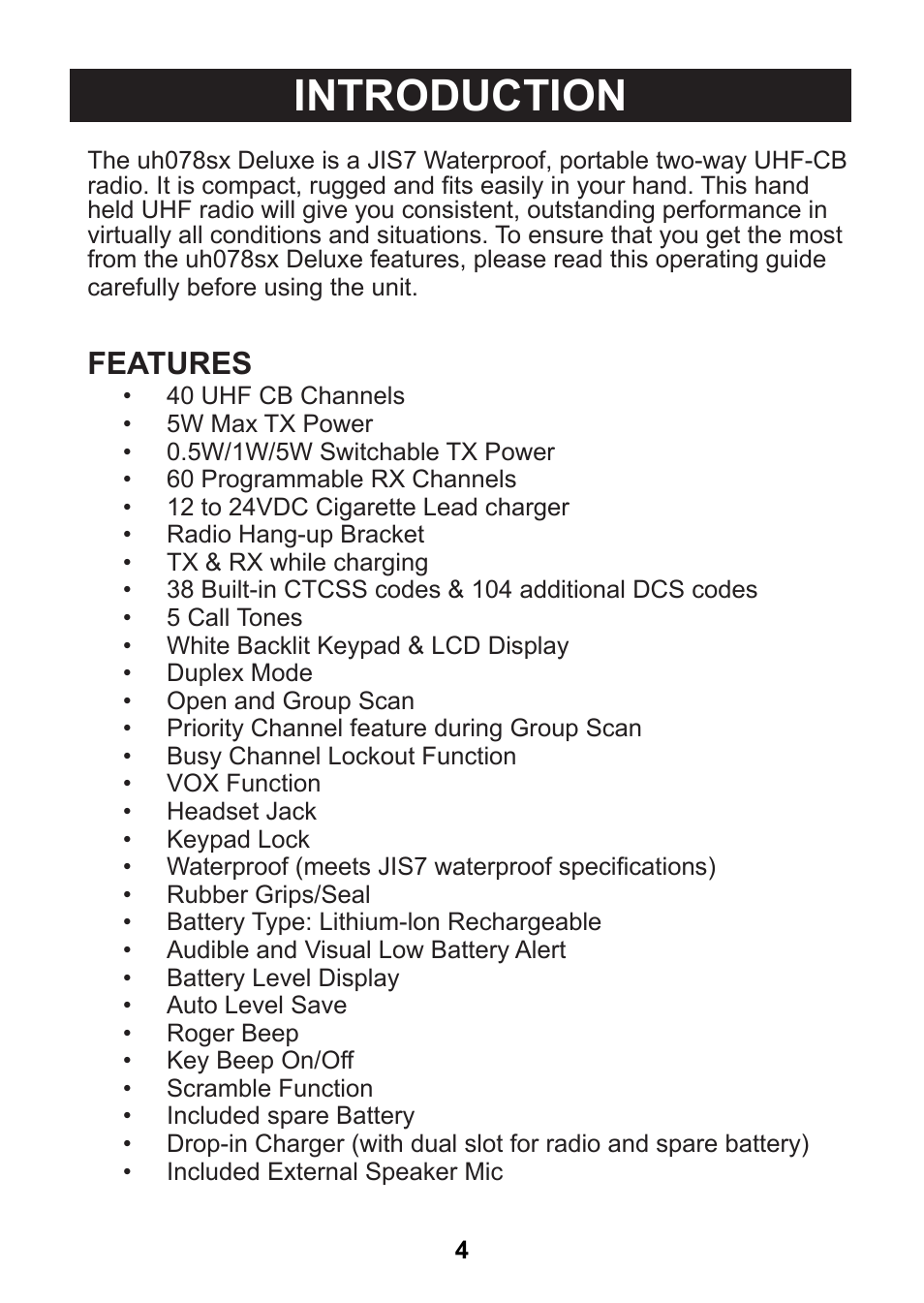 Introduction, Features | Uniden uh078sx User Manual | Page 4 / 32