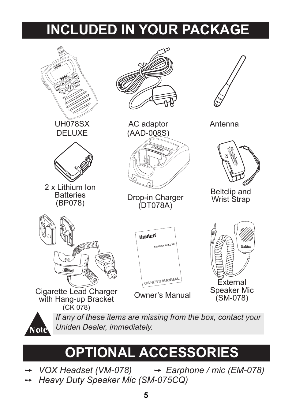 Included in your package optional accessories | Uniden uh078sx User Manual | Page 5 / 32