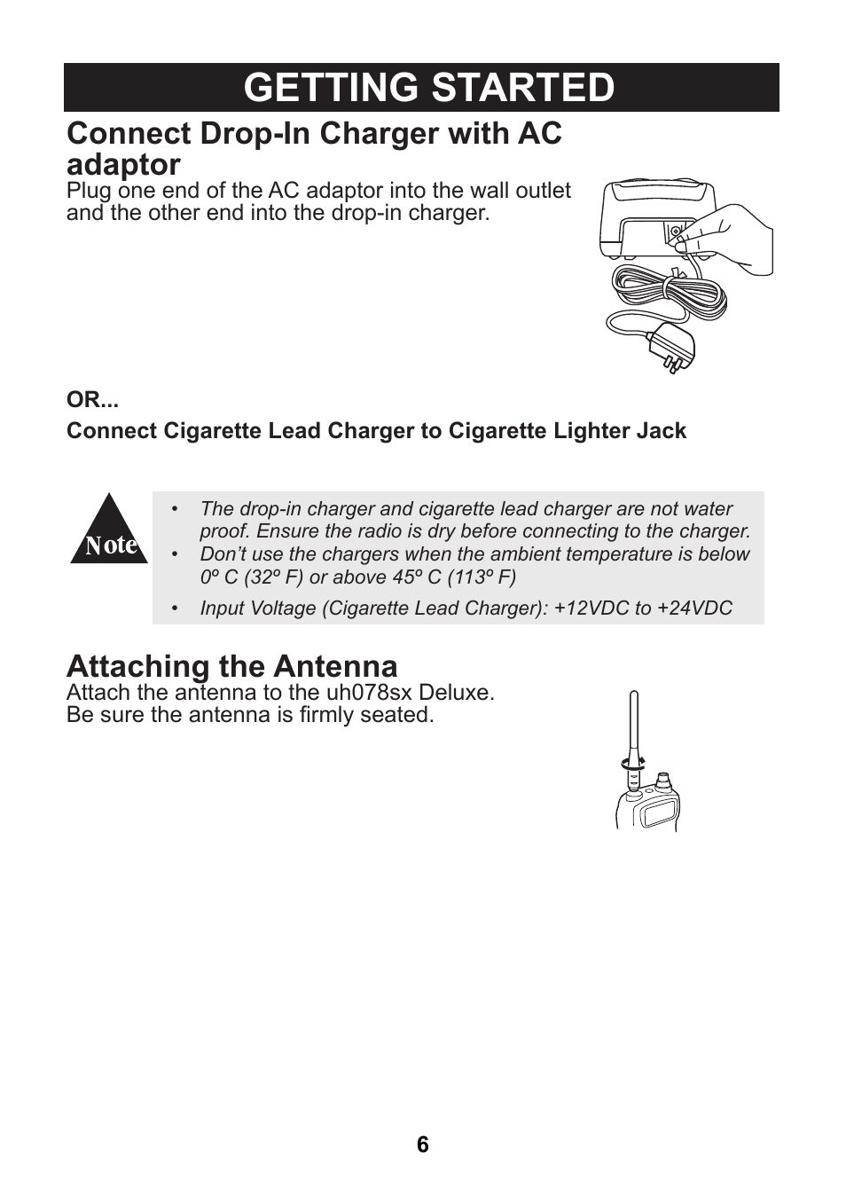 Getting started, Connect drop-in charger with ac adaptor, Attaching the antenna | Uniden uh078sx User Manual | Page 6 / 32
