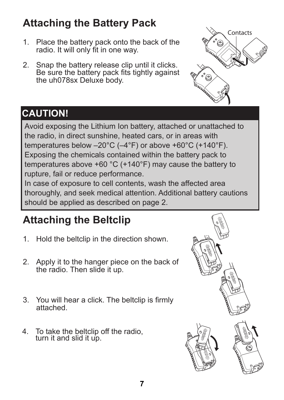 Attaching the battery pack, Attaching the beltclip, Caution | Uniden uh078sx User Manual | Page 7 / 32