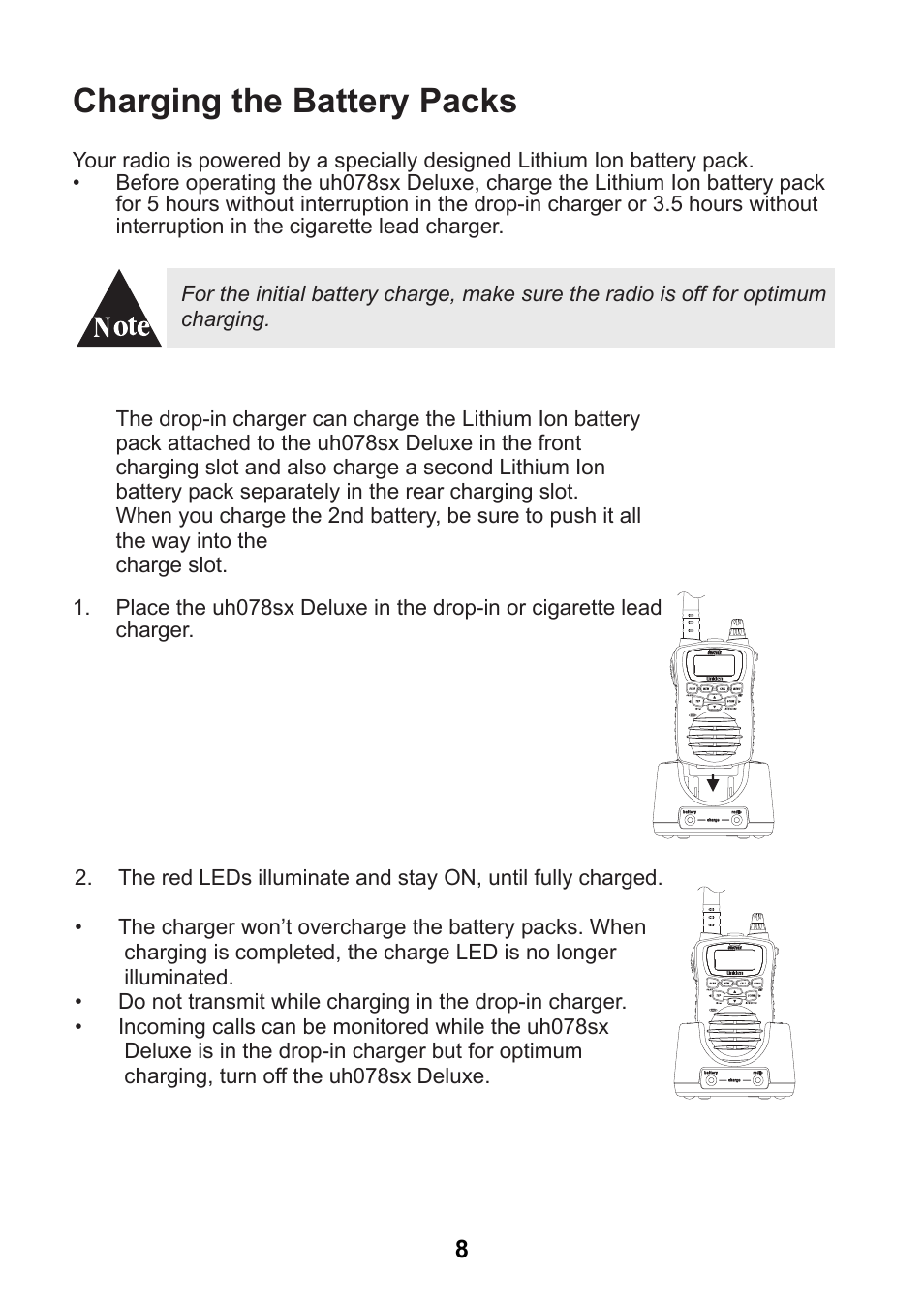 Charging the battery packs | Uniden uh078sx User Manual | Page 8 / 32