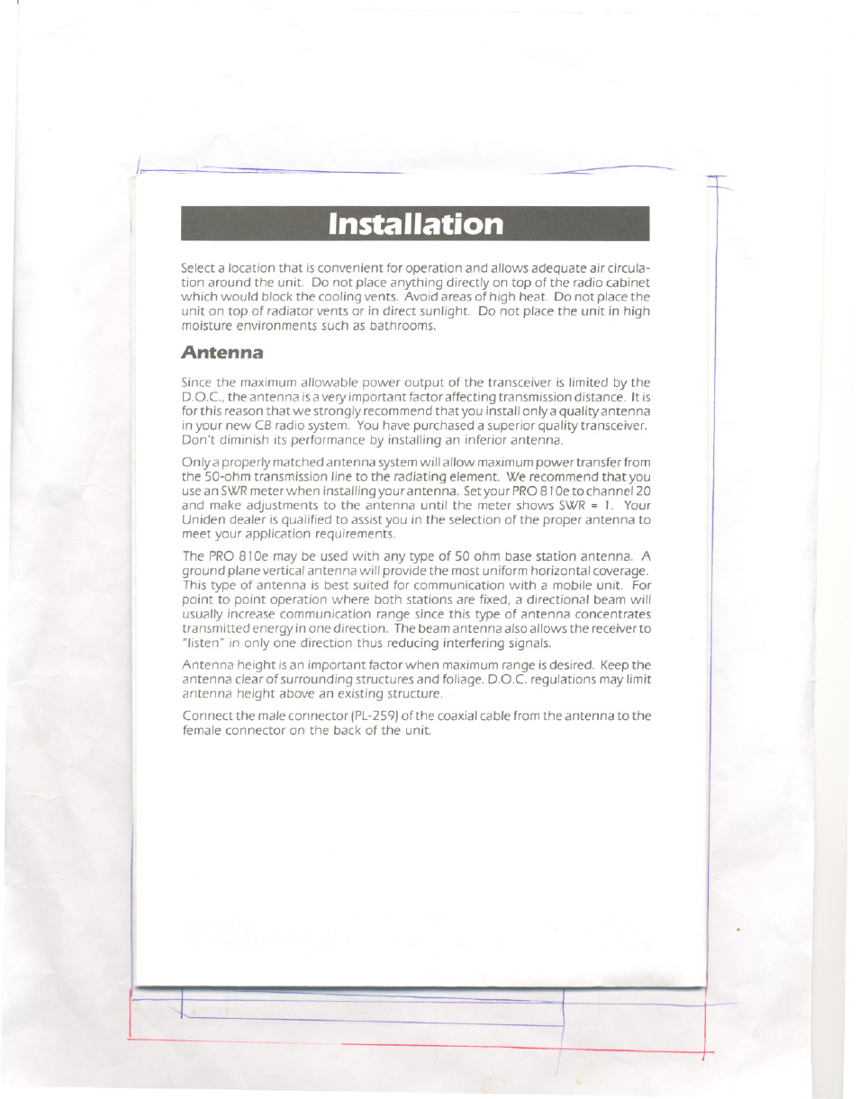 Installation, Antenna | Uniden 810e User Manual | Page 3 / 10