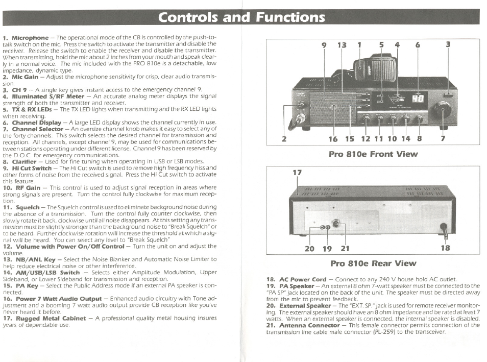 Controls and functions, Pro 810e front view | Uniden 810e User Manual | Page 4 / 10