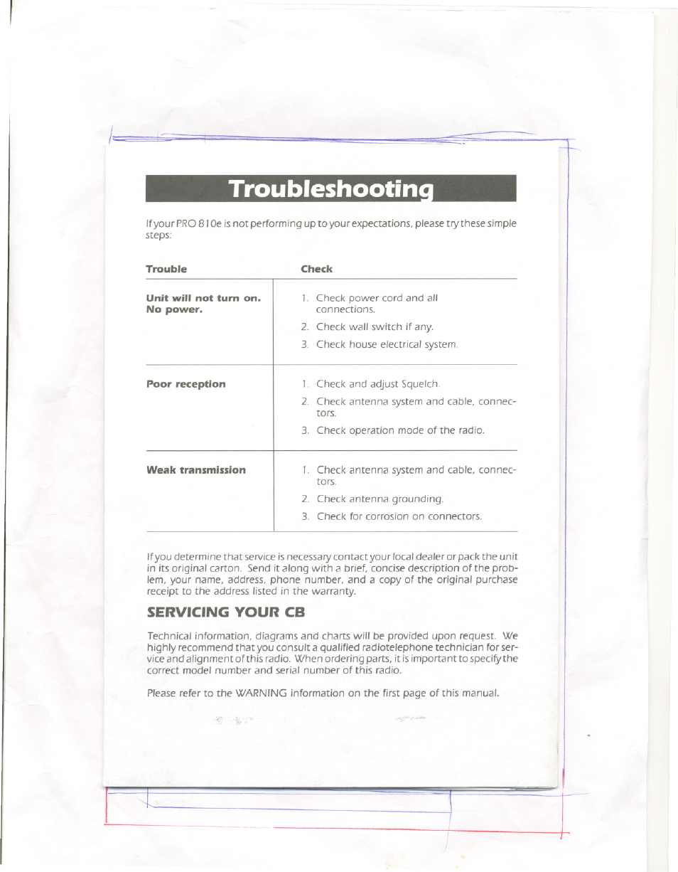 Troubleshootin, Servicing your cb | Uniden 810e User Manual | Page 6 / 10