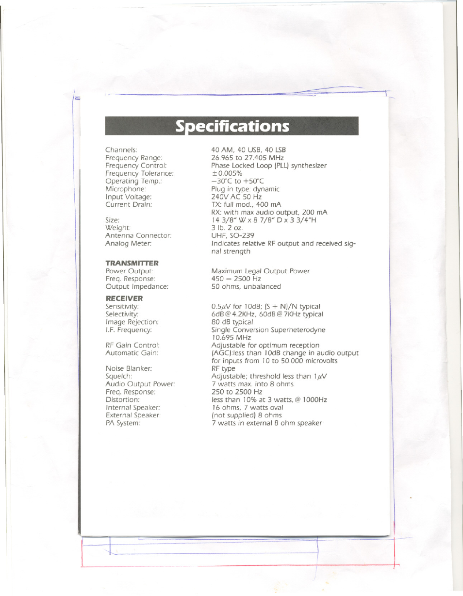 Soecifications | Uniden 810e User Manual | Page 7 / 10
