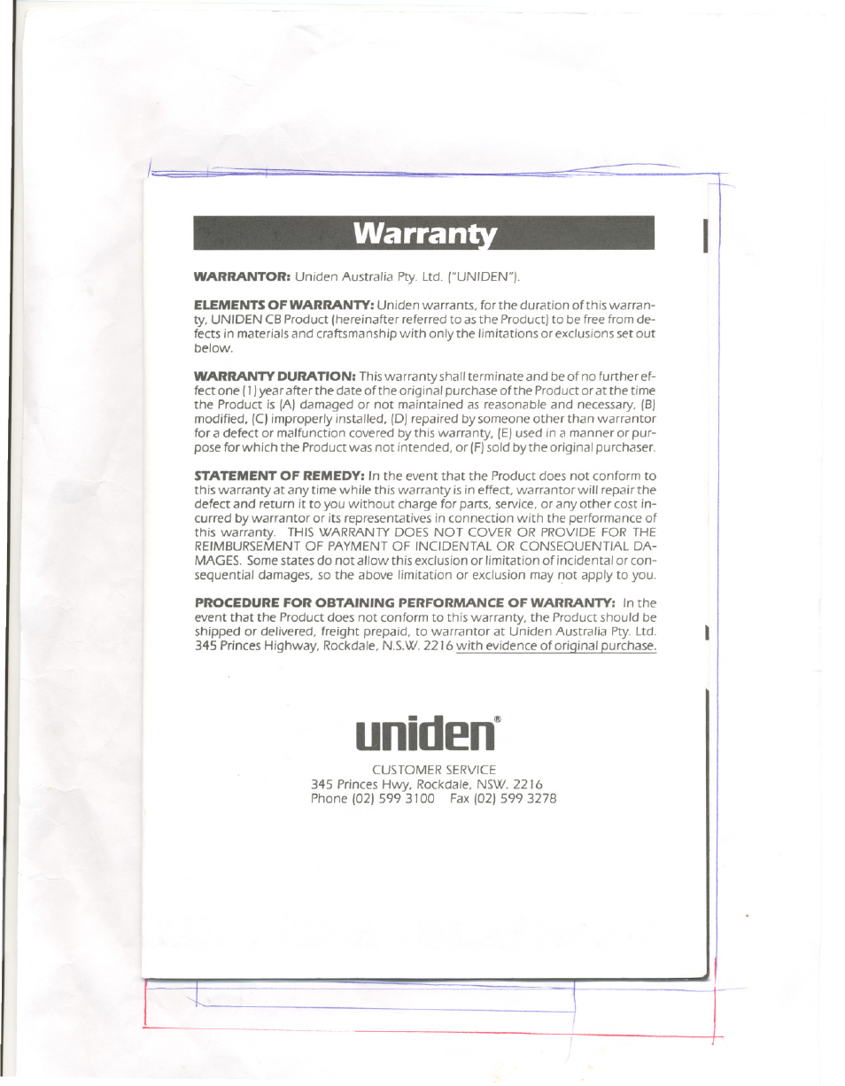 Warran, Uniden | Uniden 810e User Manual | Page 9 / 10