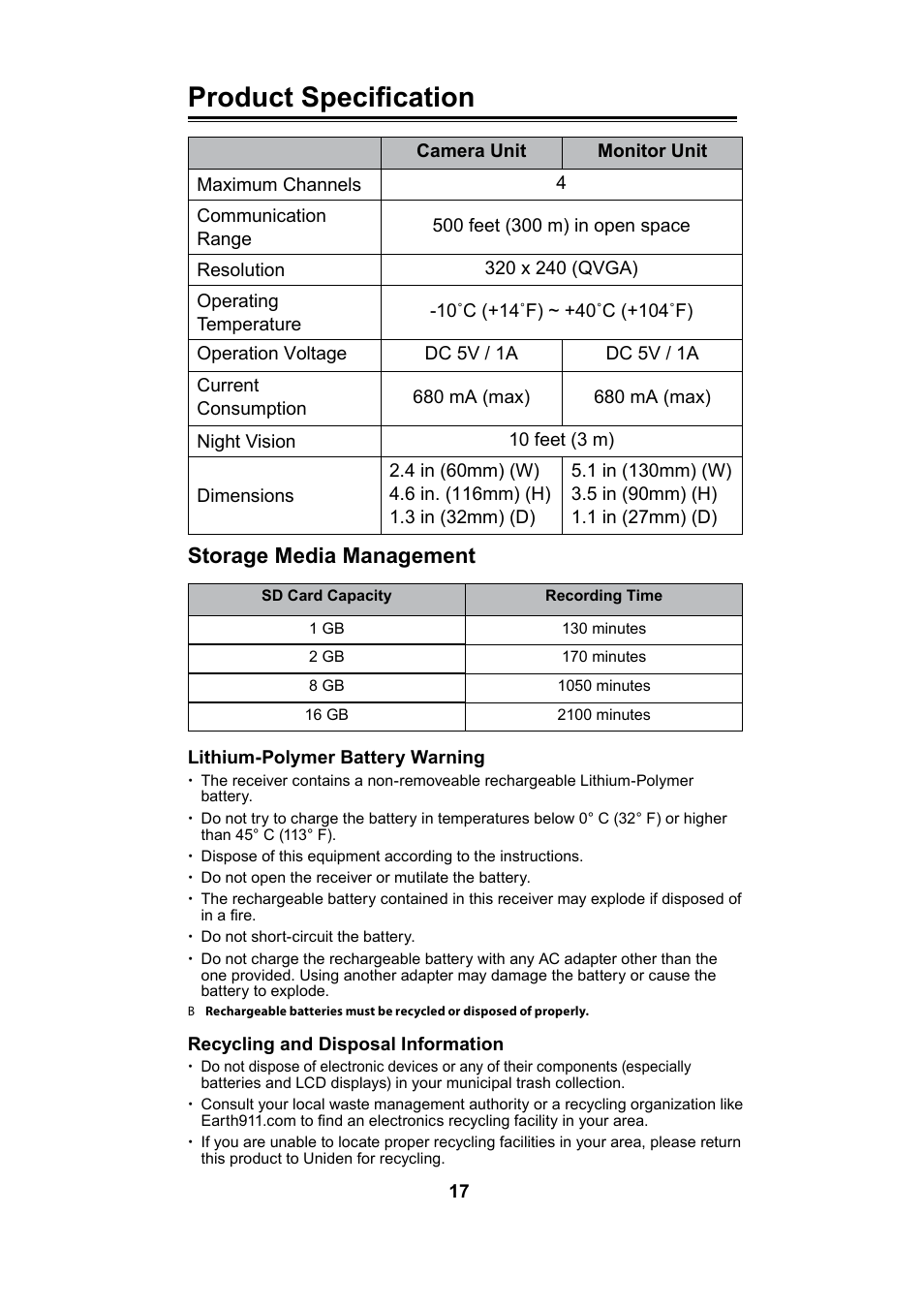 Product specification, Storage media management | Uniden UBW2101 User Manual | Page 17 / 22