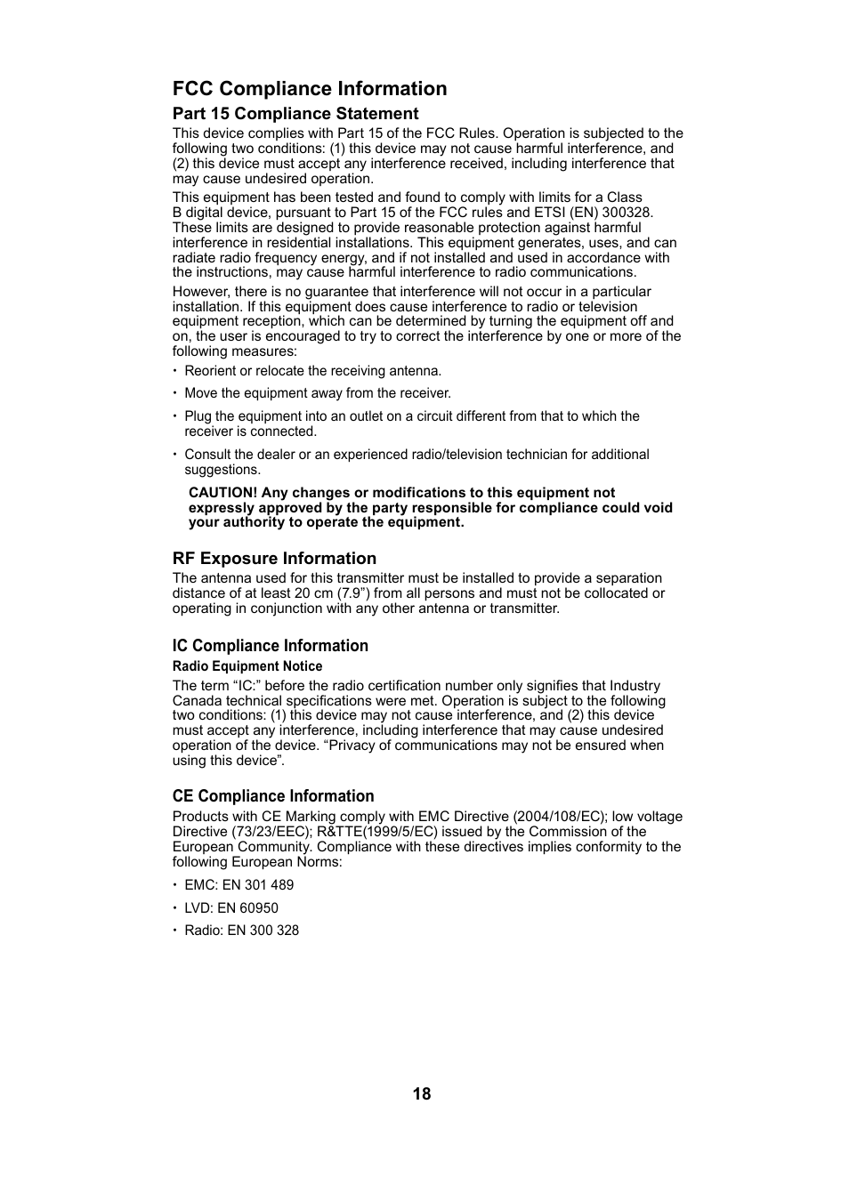 Fcc compliance information | Uniden UBW2101 User Manual | Page 18 / 22