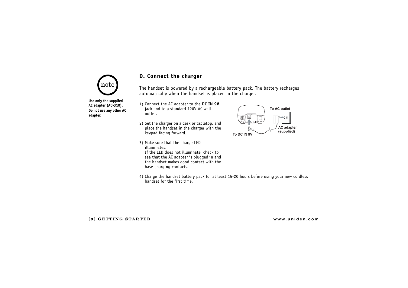 D. connect the charger | Uniden CXAI 5198 User Manual | Page 10 / 68