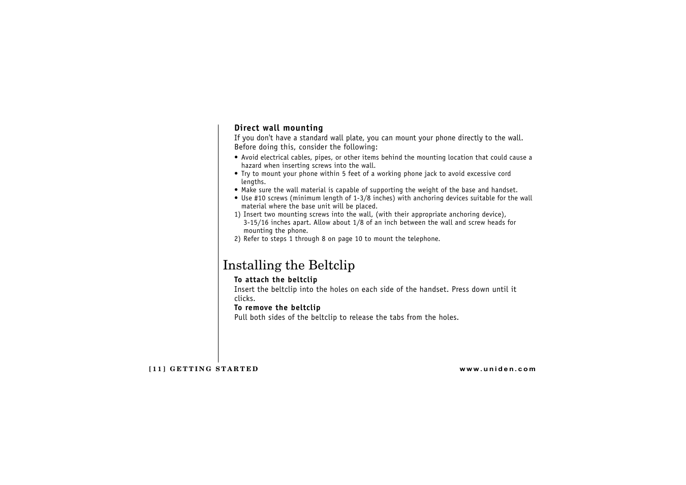 Direct wall mounting, Installing the beltclip, To attach the beltclip | To remove the beltclip | Uniden CXAI 5198 User Manual | Page 12 / 68