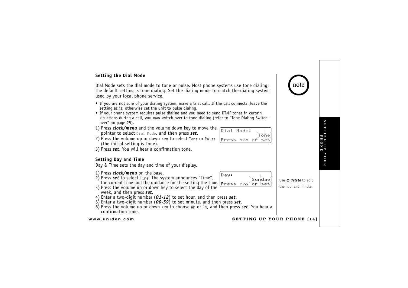 Setting the dial mode, Setting day and time | Uniden CXAI 5198 User Manual | Page 15 / 68