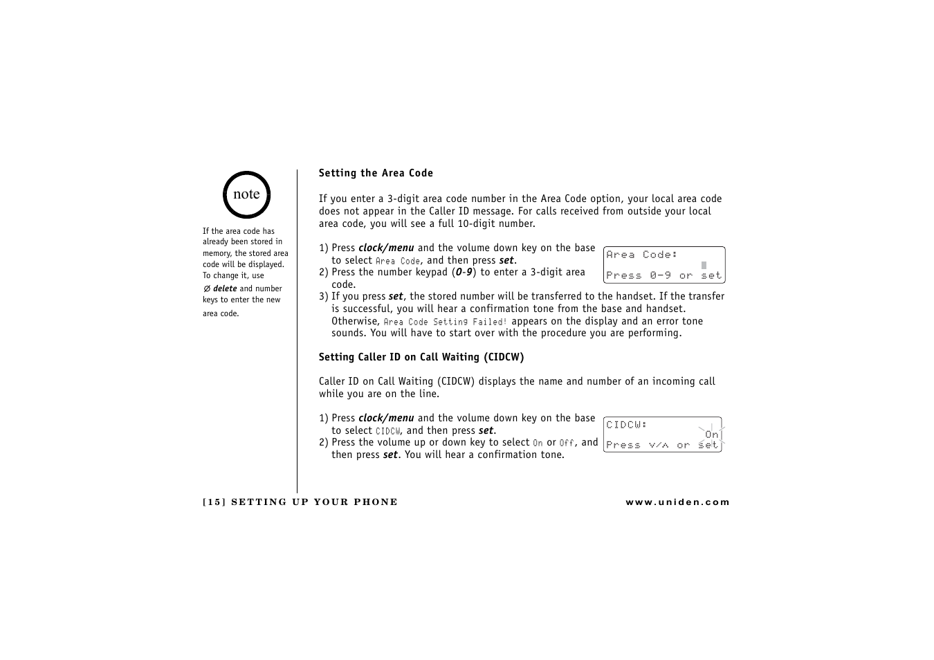 Setting the area code | Uniden CXAI 5198 User Manual | Page 16 / 68