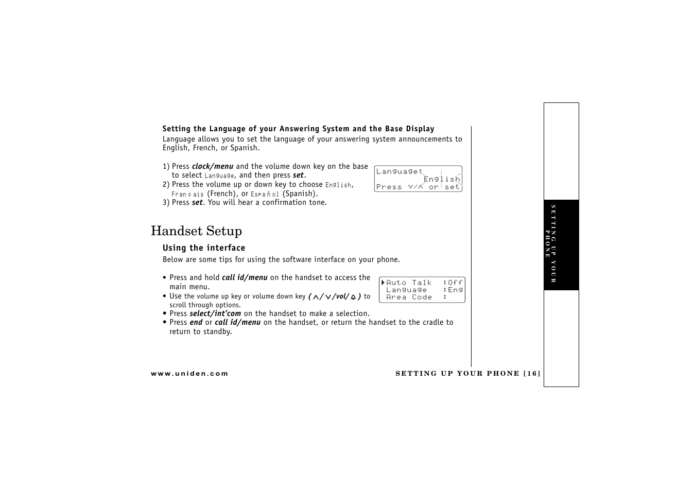 Handset setup, Using the interface | Uniden CXAI 5198 User Manual | Page 17 / 68