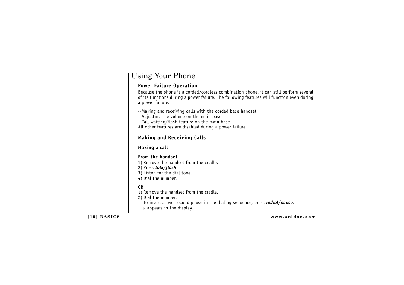 Using your phone, Power failure operation, Making and receiving calls | Making a call, From the handset, Basics | Uniden CXAI 5198 User Manual | Page 20 / 68