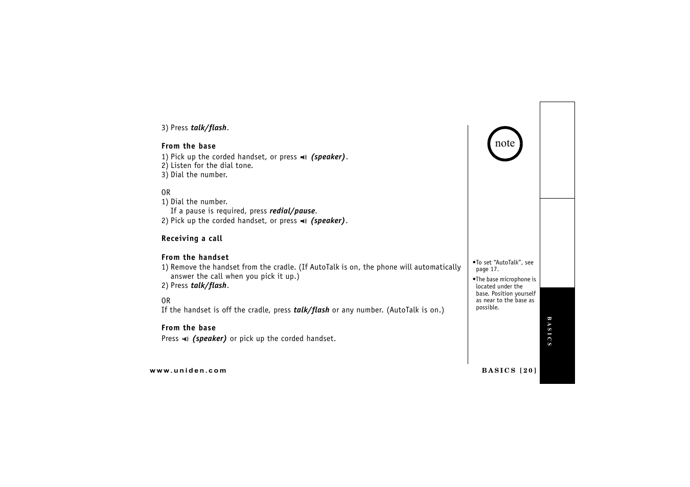 From the base, Receiving a call, From the handset | Uniden CXAI 5198 User Manual | Page 21 / 68