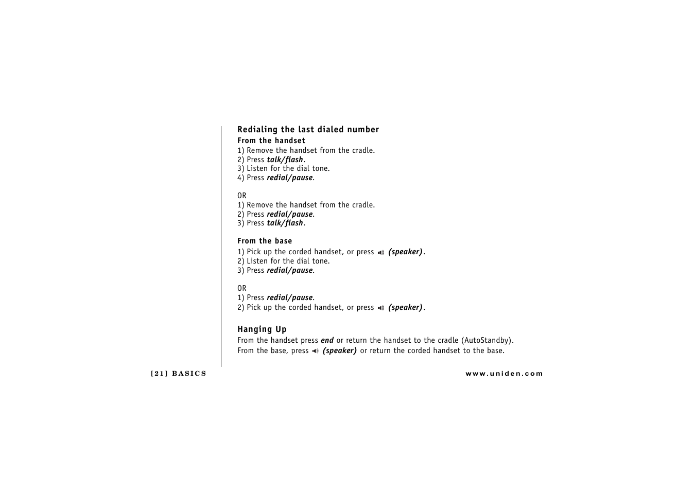 Redialing the last dialed number, From the handset, From the base | Hanging up | Uniden CXAI 5198 User Manual | Page 22 / 68
