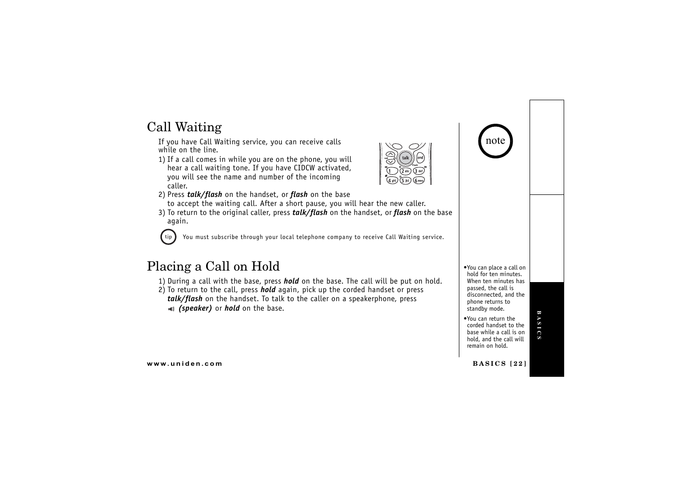 Call waiting, Placing a call on hold | Uniden CXAI 5198 User Manual | Page 23 / 68