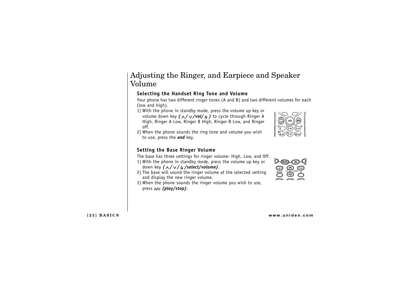 Selecting the handset ring tone and volume, Setting the base ringer volume | Uniden CXAI 5198 User Manual | Page 24 / 68