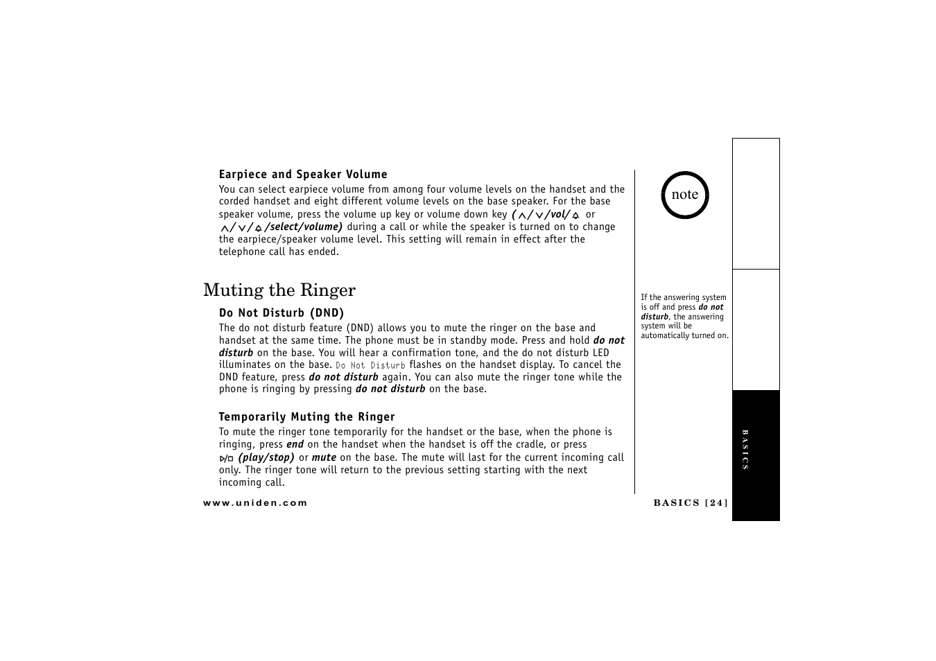 Earpiece and speaker volume, Muting the ringer, Do not disturb (dnd) | Temporarily muting the ringer | Uniden CXAI 5198 User Manual | Page 25 / 68