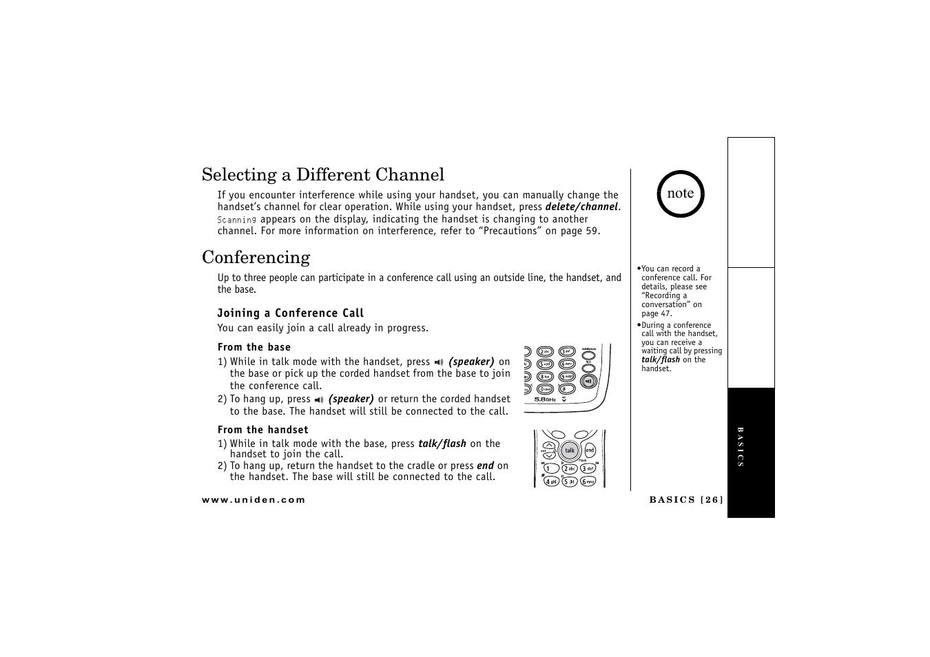 Selecting a different channel, Conferencing, Joining a conference call | From the base, From the handset | Uniden CXAI 5198 User Manual | Page 27 / 68