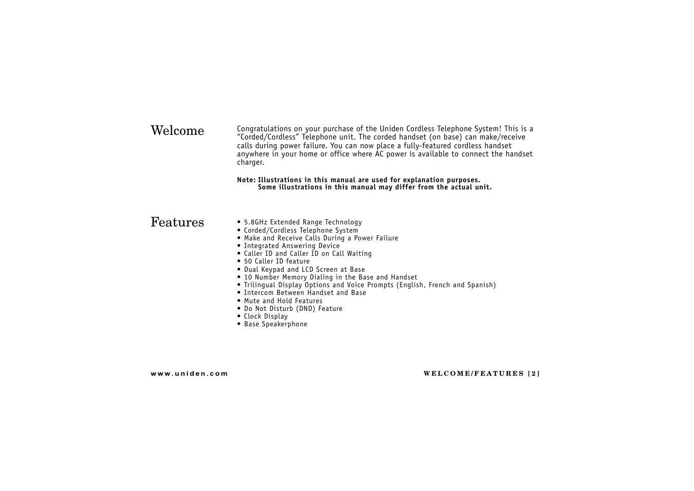 Welcome, Features, Welcome/features | Welcome features | Uniden CXAI 5198 User Manual | Page 3 / 68