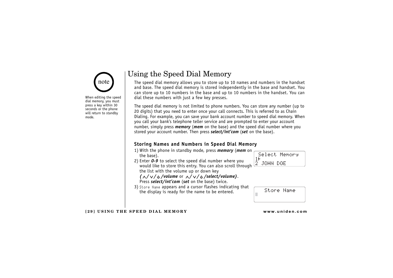 Using the speed dial memory, Storing names and numbers in speed dial memory | Uniden CXAI 5198 User Manual | Page 30 / 68