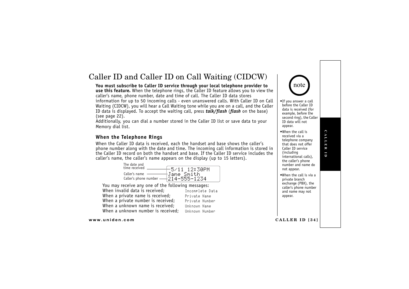 Caller id and caller id on call waiting (cidcw), When the telephone rings, Caller id | Uniden CXAI 5198 User Manual | Page 35 / 68