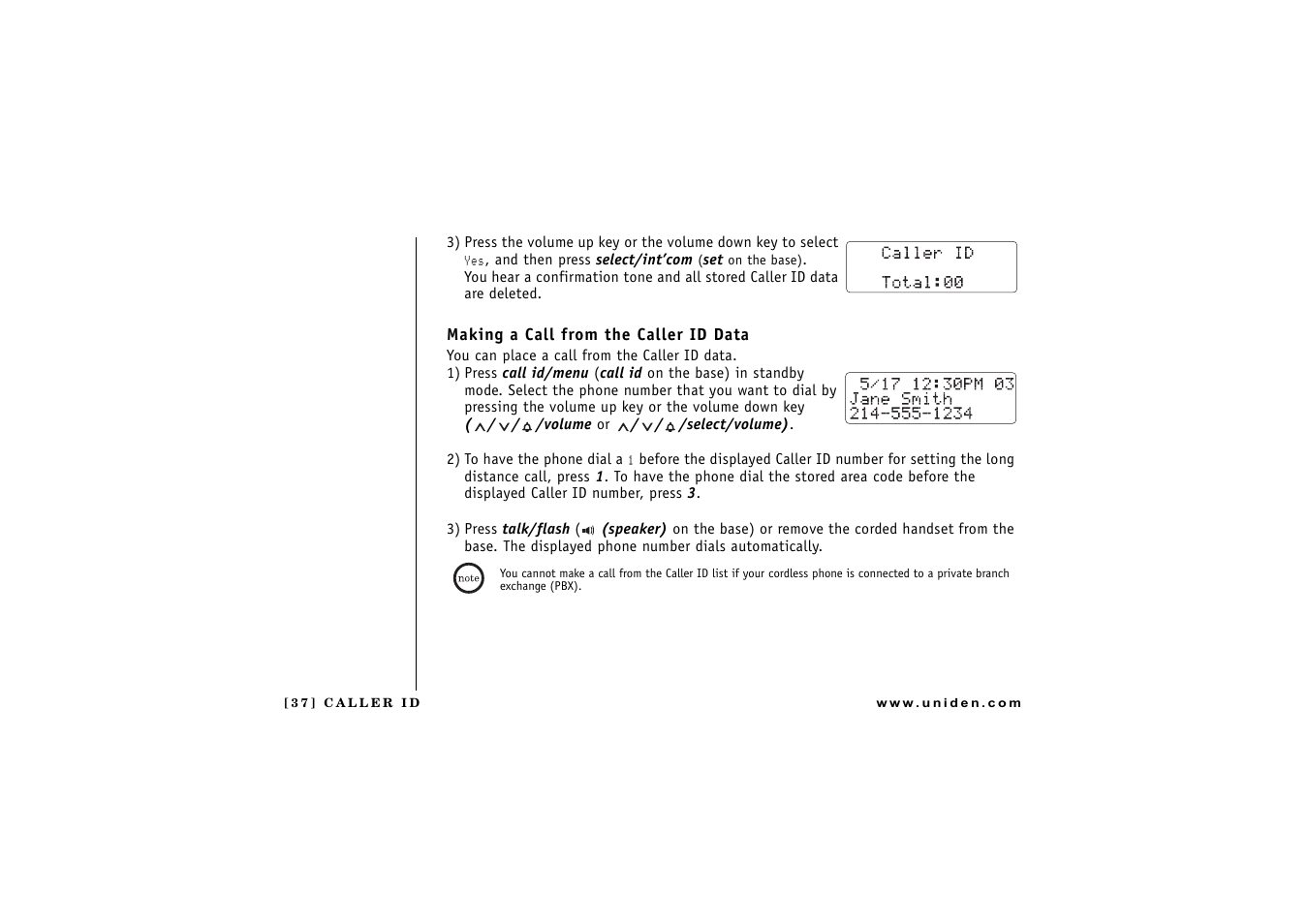 Making a call from the caller id data | Uniden CXAI 5198 User Manual | Page 38 / 68