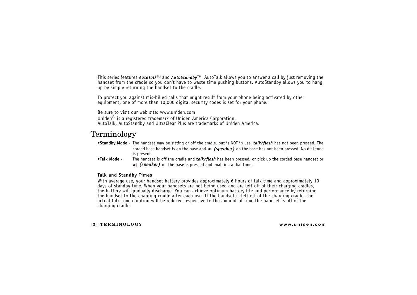 Terminology, Talk and standby times | Uniden CXAI 5198 User Manual | Page 4 / 68