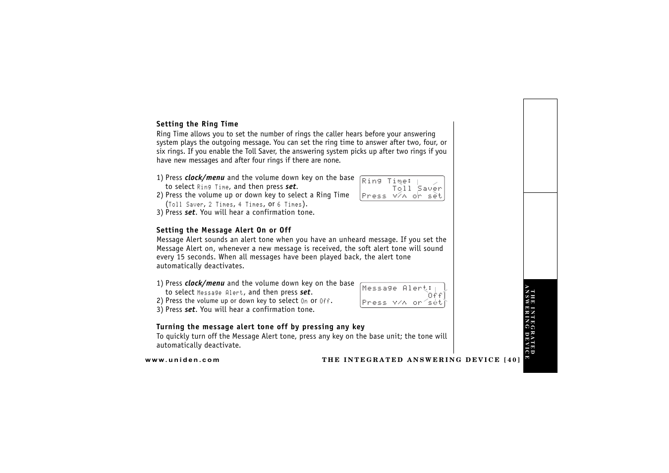 Setting the ring time, Setting the message alert on or off | Uniden CXAI 5198 User Manual | Page 41 / 68