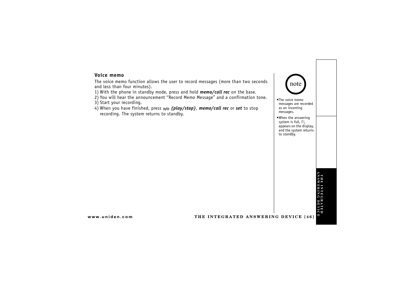 Voice memo | Uniden CXAI 5198 User Manual | Page 47 / 68