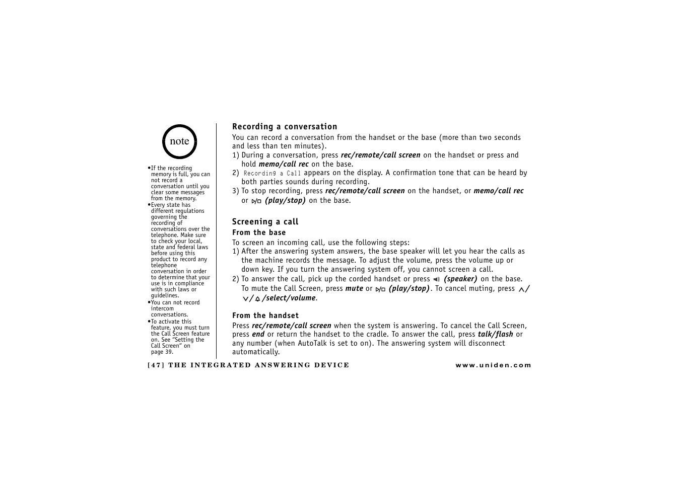 Recording a conversation, Screening a call, From the base | From the handset | Uniden CXAI 5198 User Manual | Page 48 / 68