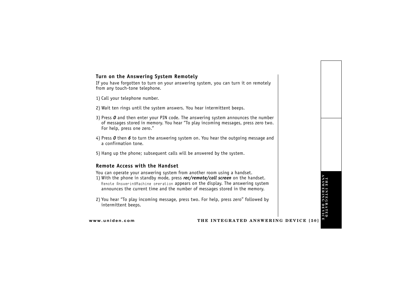 Turn on the answering system remotely, Remote access with the handset | Uniden CXAI 5198 User Manual | Page 51 / 68