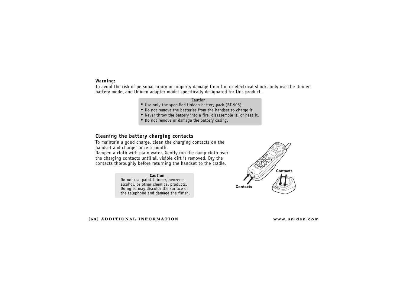 Warning, Cleaning the battery charging contacts | Uniden CXAI 5198 User Manual | Page 54 / 68