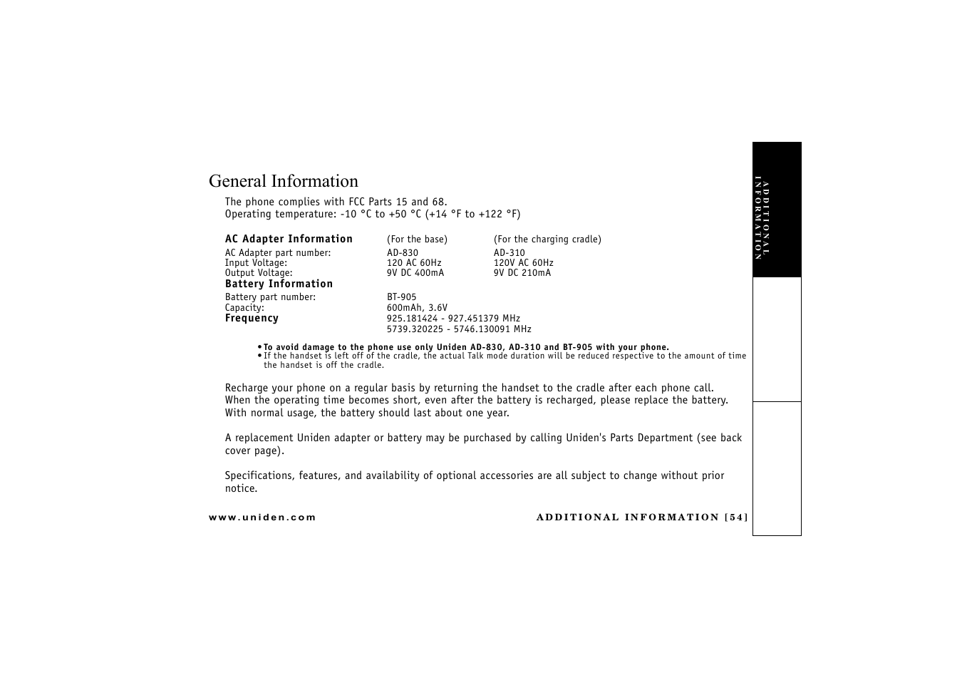 General information, Battery information | Uniden CXAI 5198 User Manual | Page 55 / 68