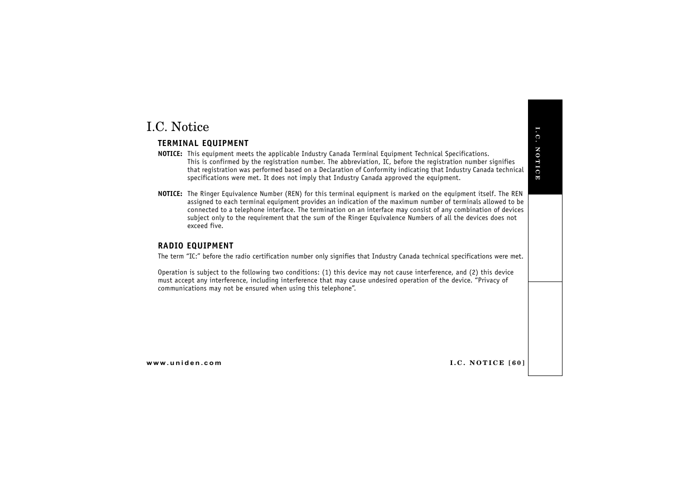 I.c. notice, Terminal equipment, Radio equipment | Uniden CXAI 5198 User Manual | Page 61 / 68