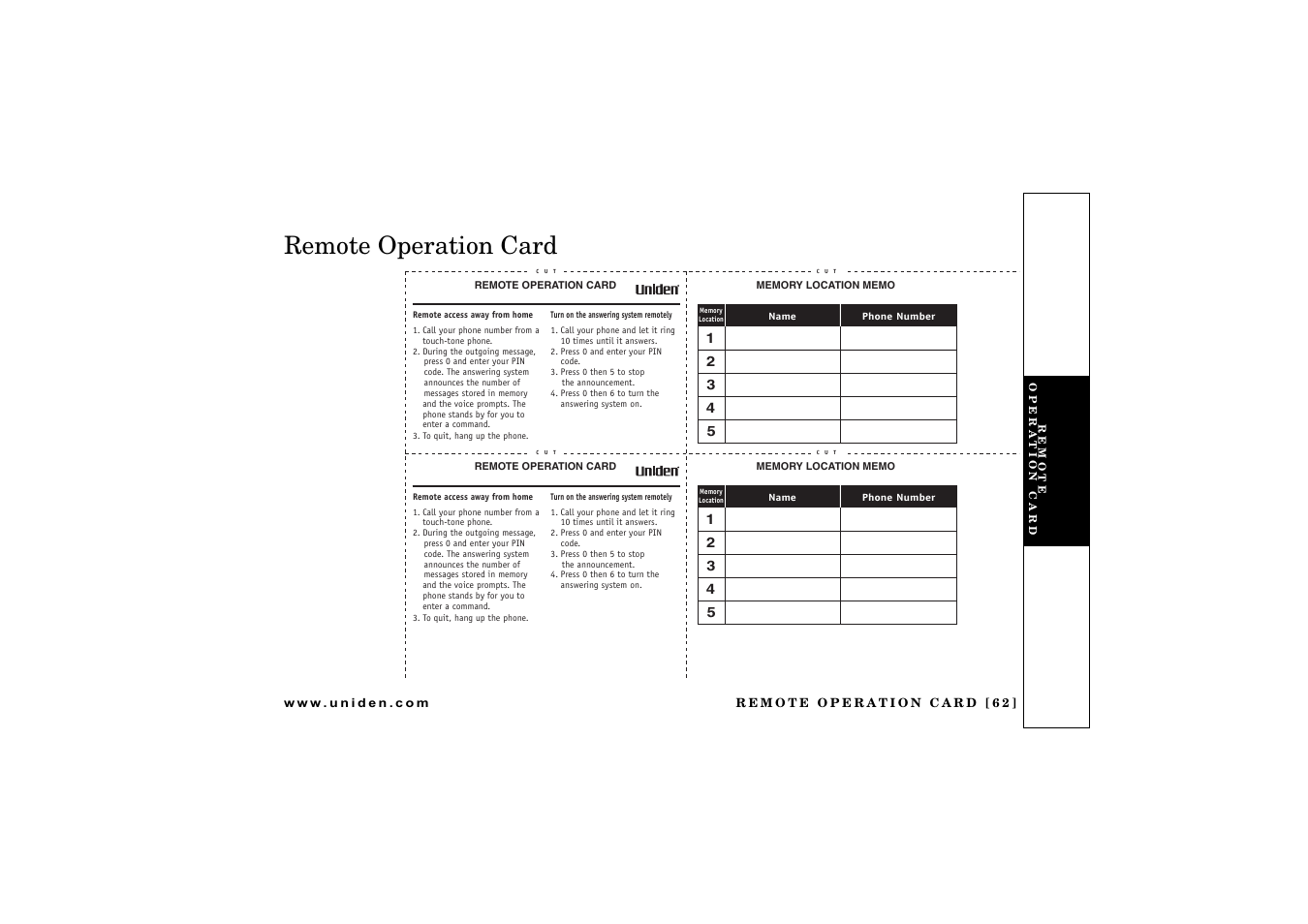 Remote operation card | Uniden CXAI 5198 User Manual | Page 63 / 68