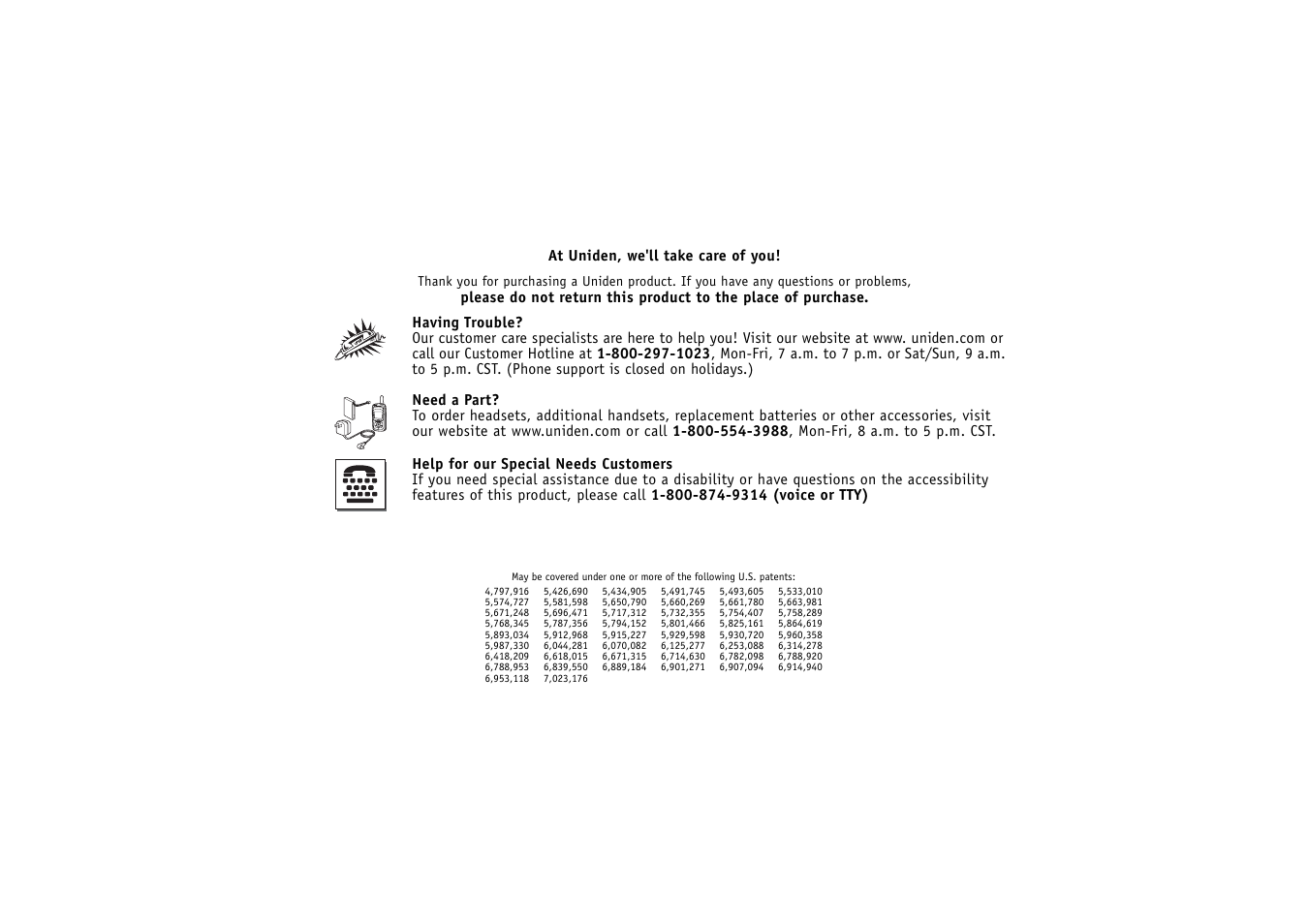 At uniden, we'll take care of you | Uniden CXAI 5198 User Manual | Page 67 / 68