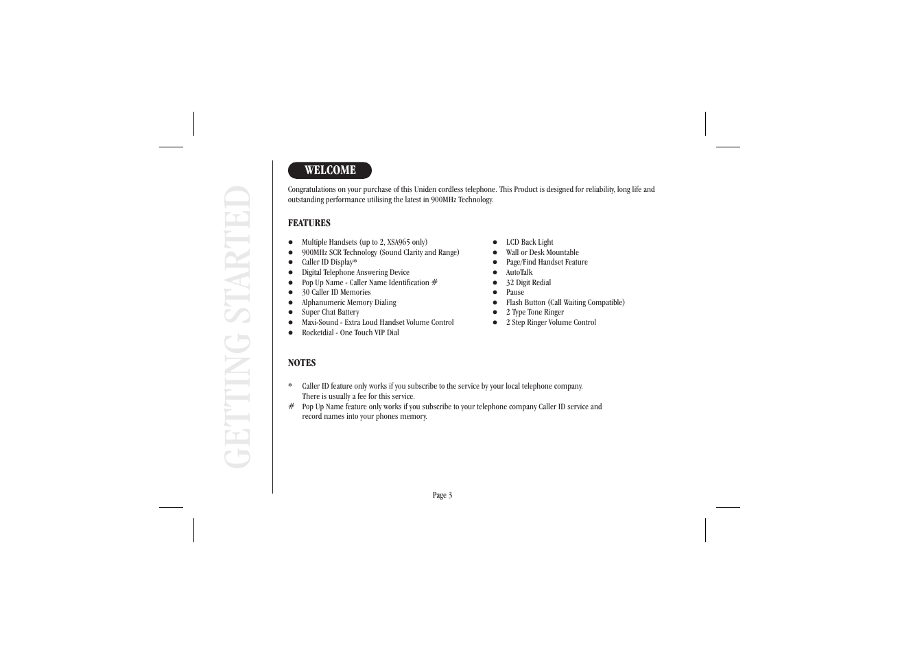 Get ting st ar ted | Uniden XSA965 User Manual | Page 11 / 44