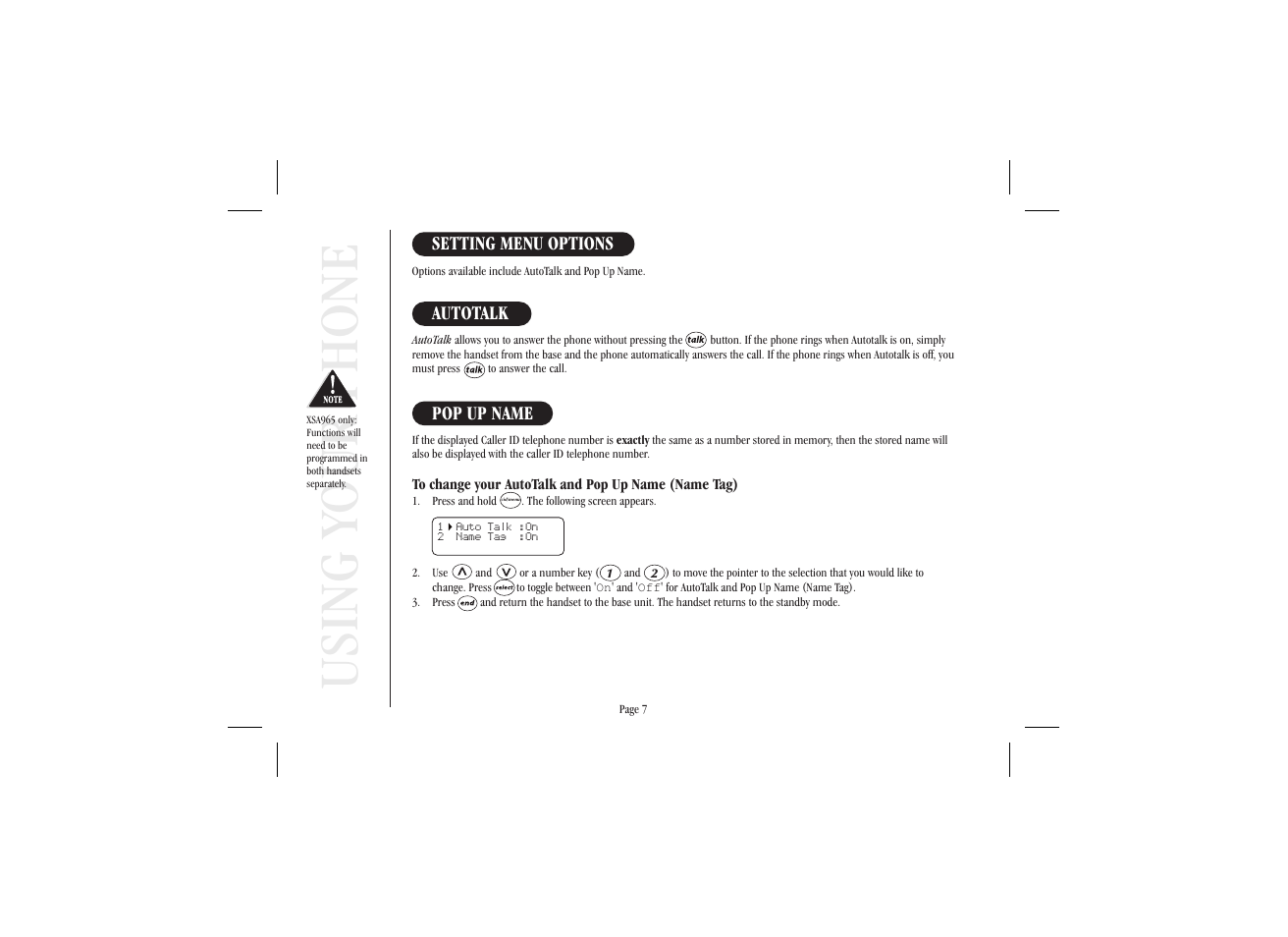 Using your phone | Uniden XSA965 User Manual | Page 15 / 44