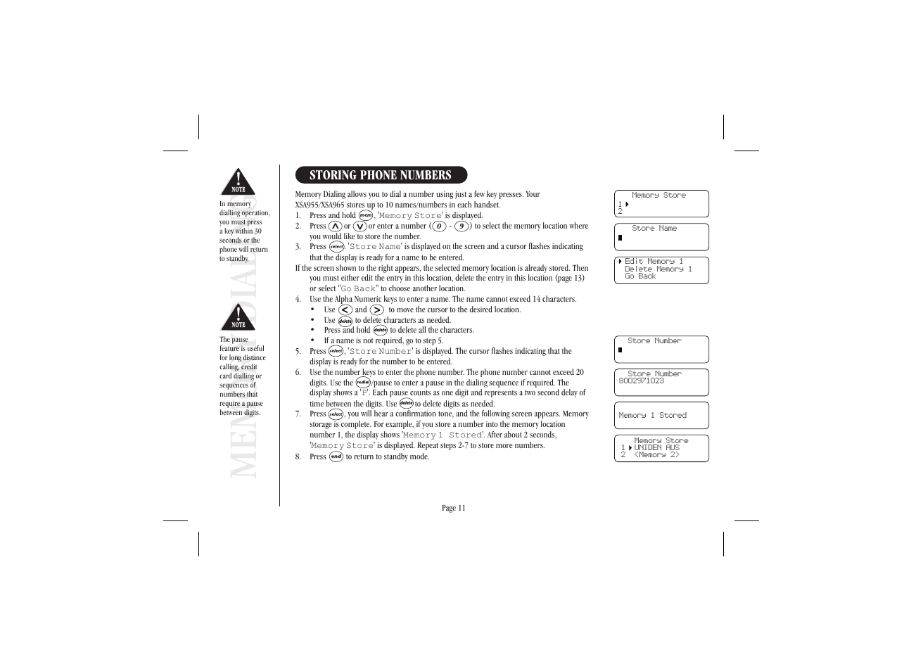 Storing phone numbers | Uniden XSA965 User Manual | Page 19 / 44