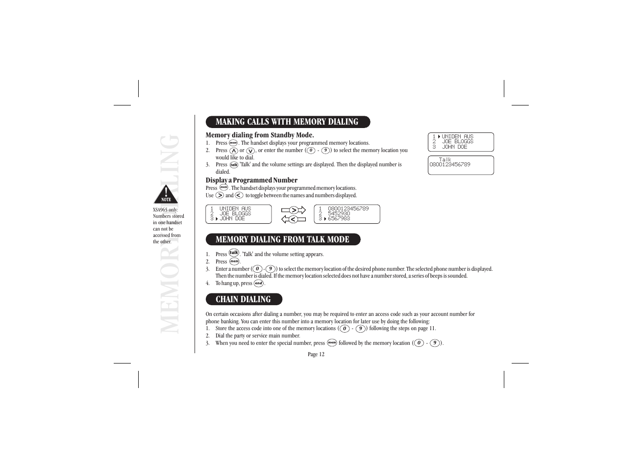 Chain dialing | Uniden XSA965 User Manual | Page 20 / 44