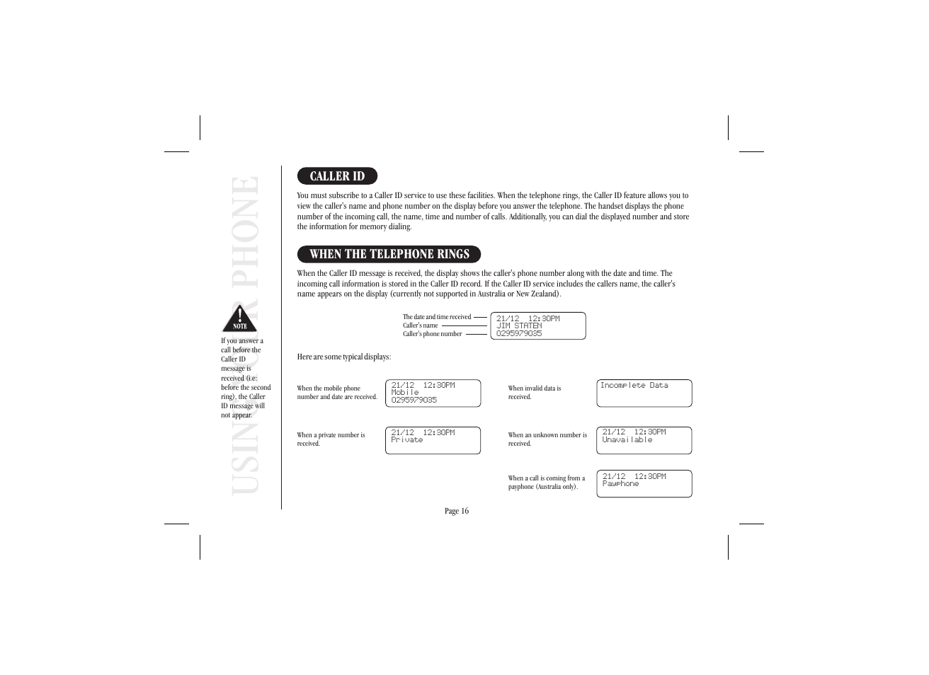 Using your phone, Caller id, When the telephone rings | Uniden XSA965 User Manual | Page 24 / 44