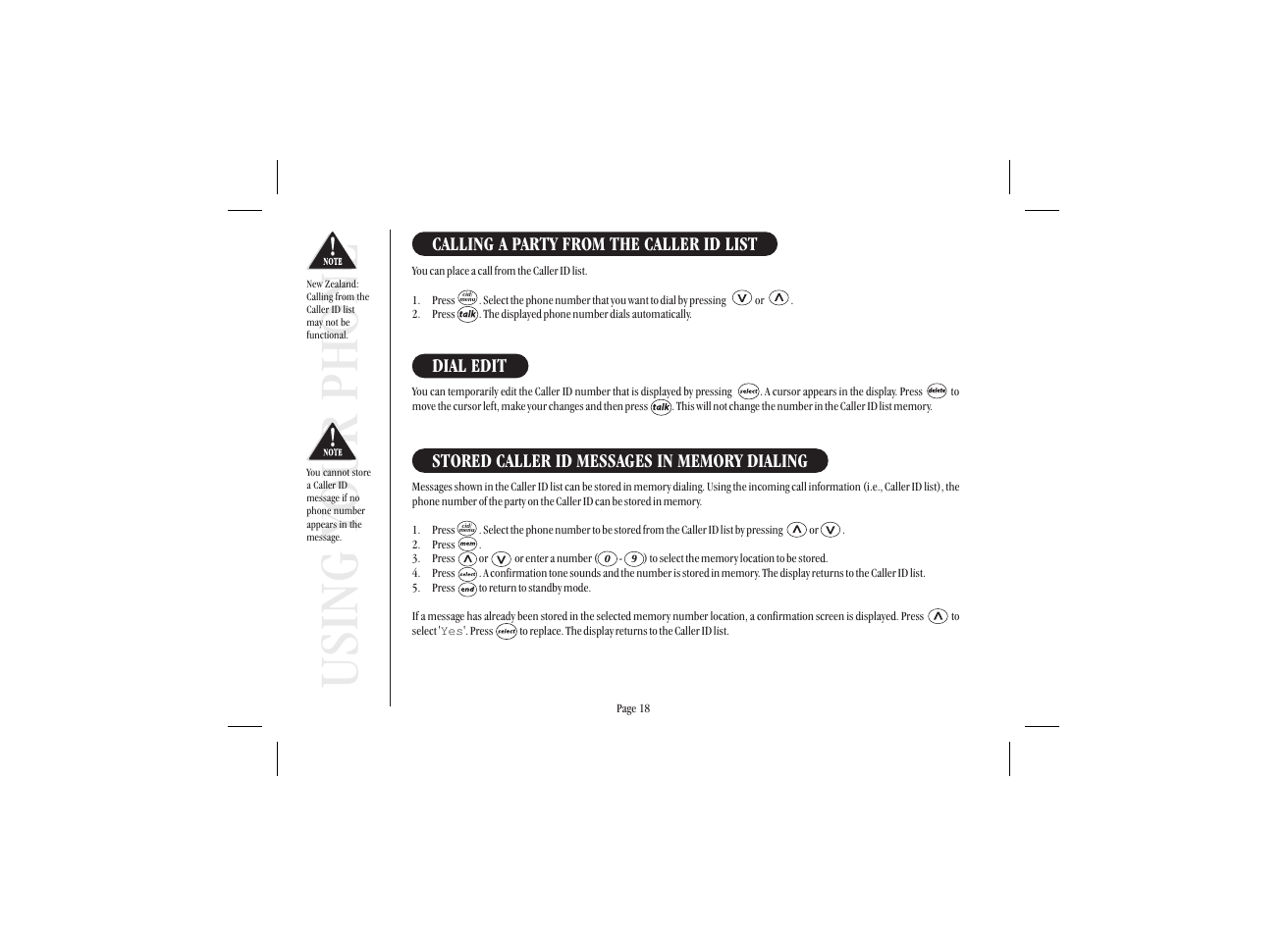 Using your phone, Calling a party from the caller id list, Dial edit | Uniden XSA965 User Manual | Page 26 / 44