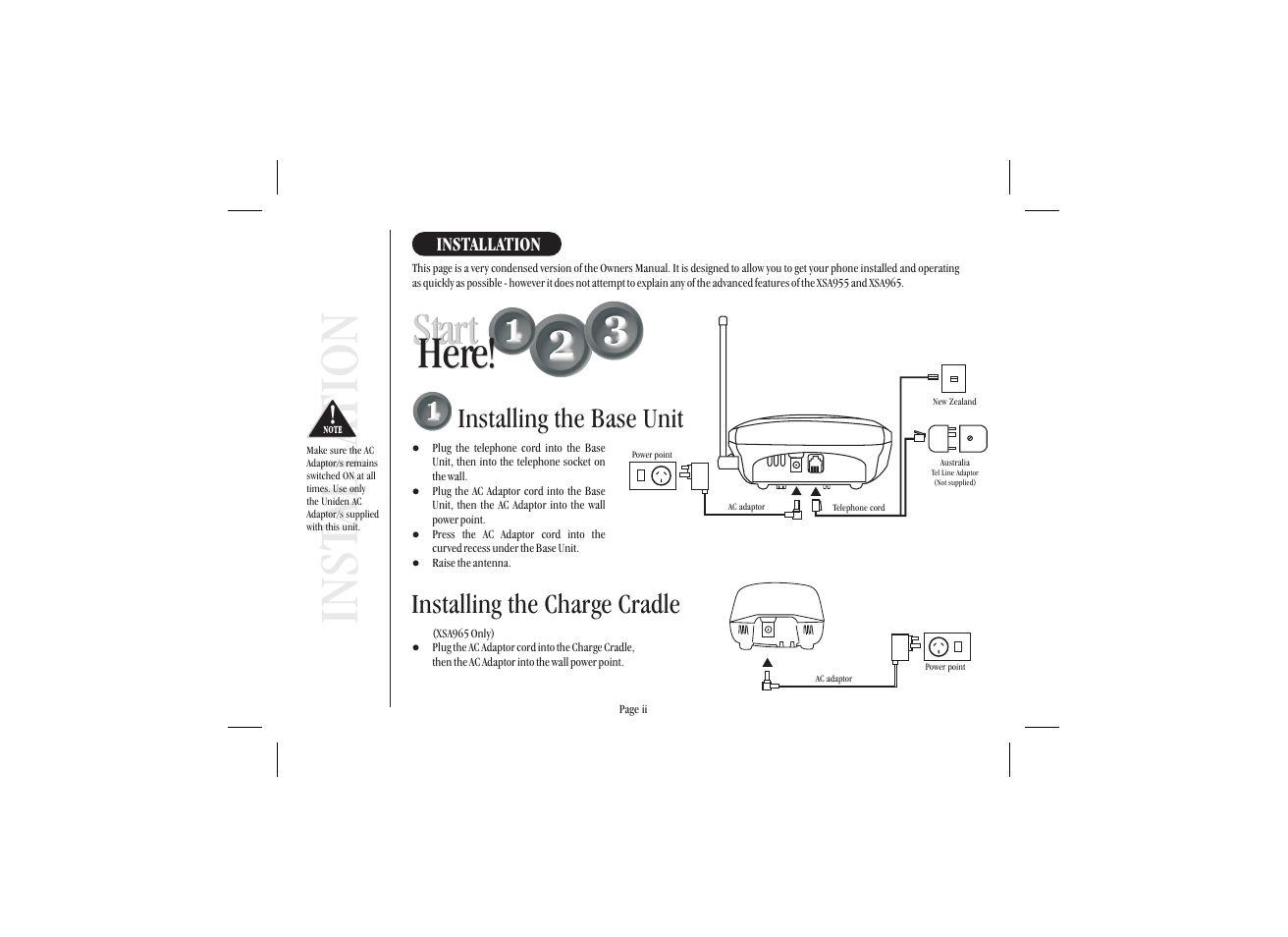 Inst alla tion, Here! start start here, Installing the base unit | Installing the charge cradle | Uniden XSA965 User Manual | Page 3 / 44