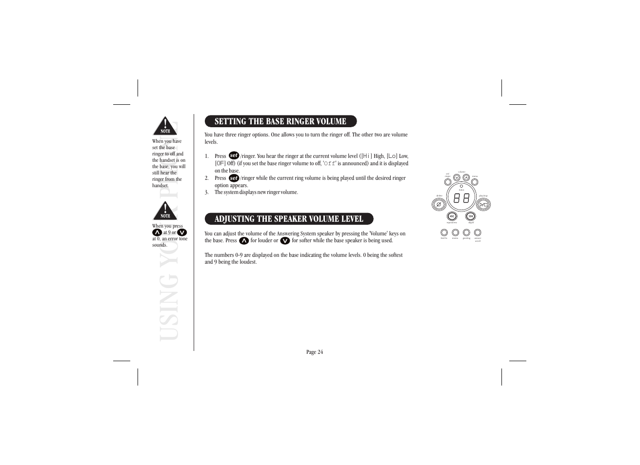 Using your phone, Setting the base ringer volume, Adjusting the speaker volume level | Uniden XSA965 User Manual | Page 32 / 44