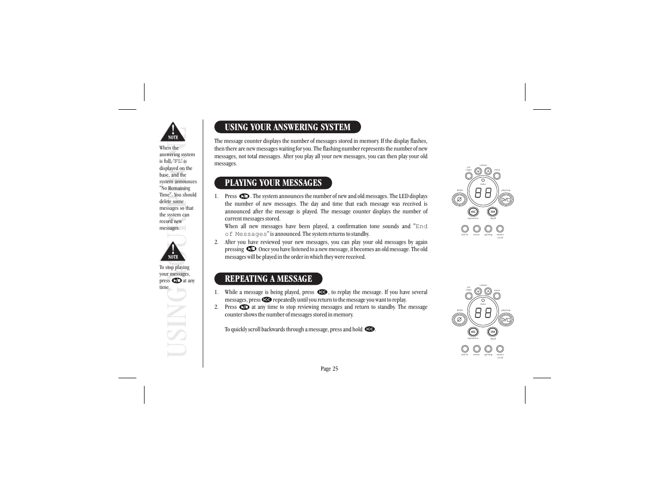 Using your phone, Using your answering system, Playing your messages | Repeating a message | Uniden XSA965 User Manual | Page 33 / 44