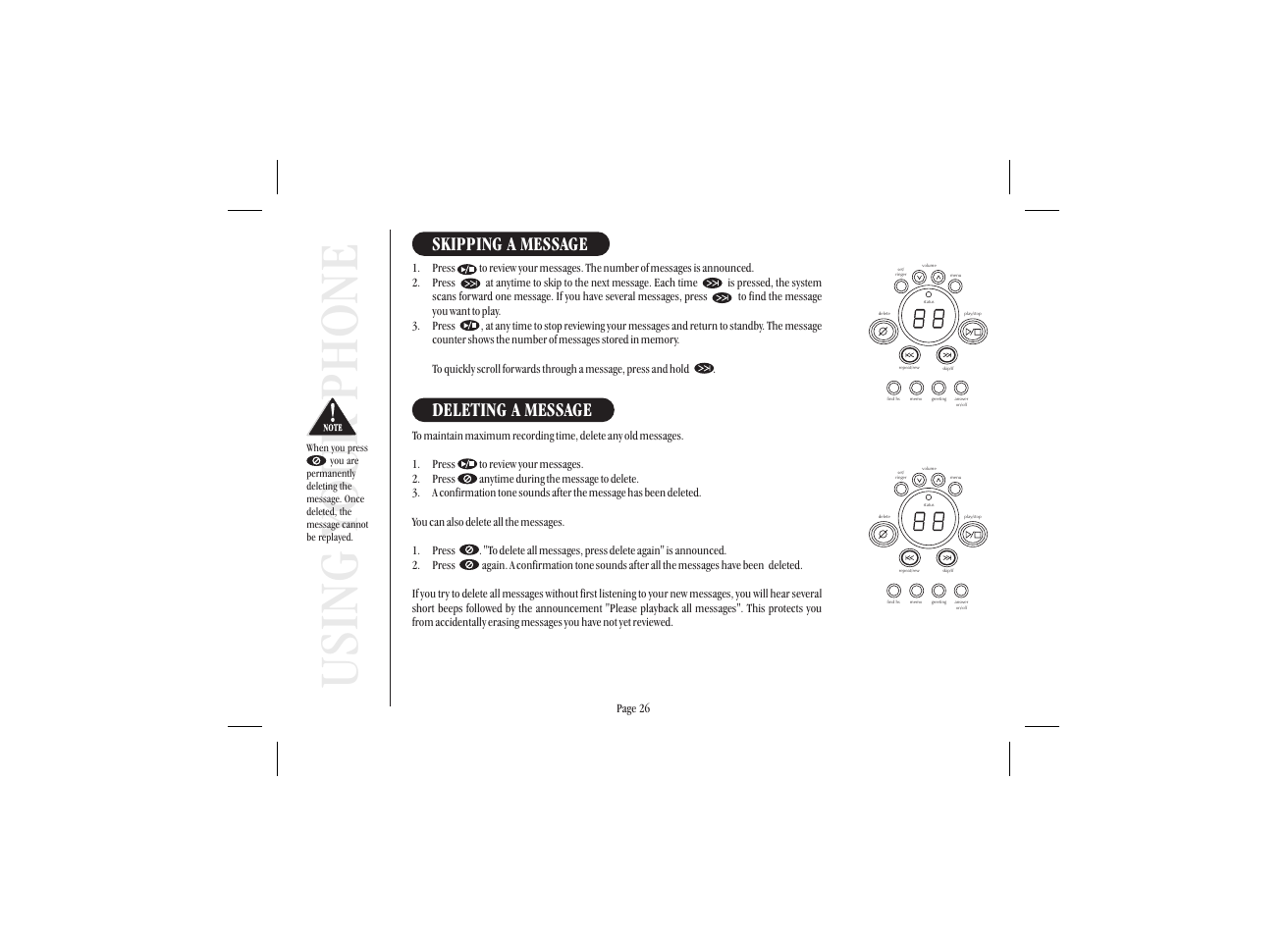 Using your phone, Skipping a message, Deleting a message | Uniden XSA965 User Manual | Page 34 / 44